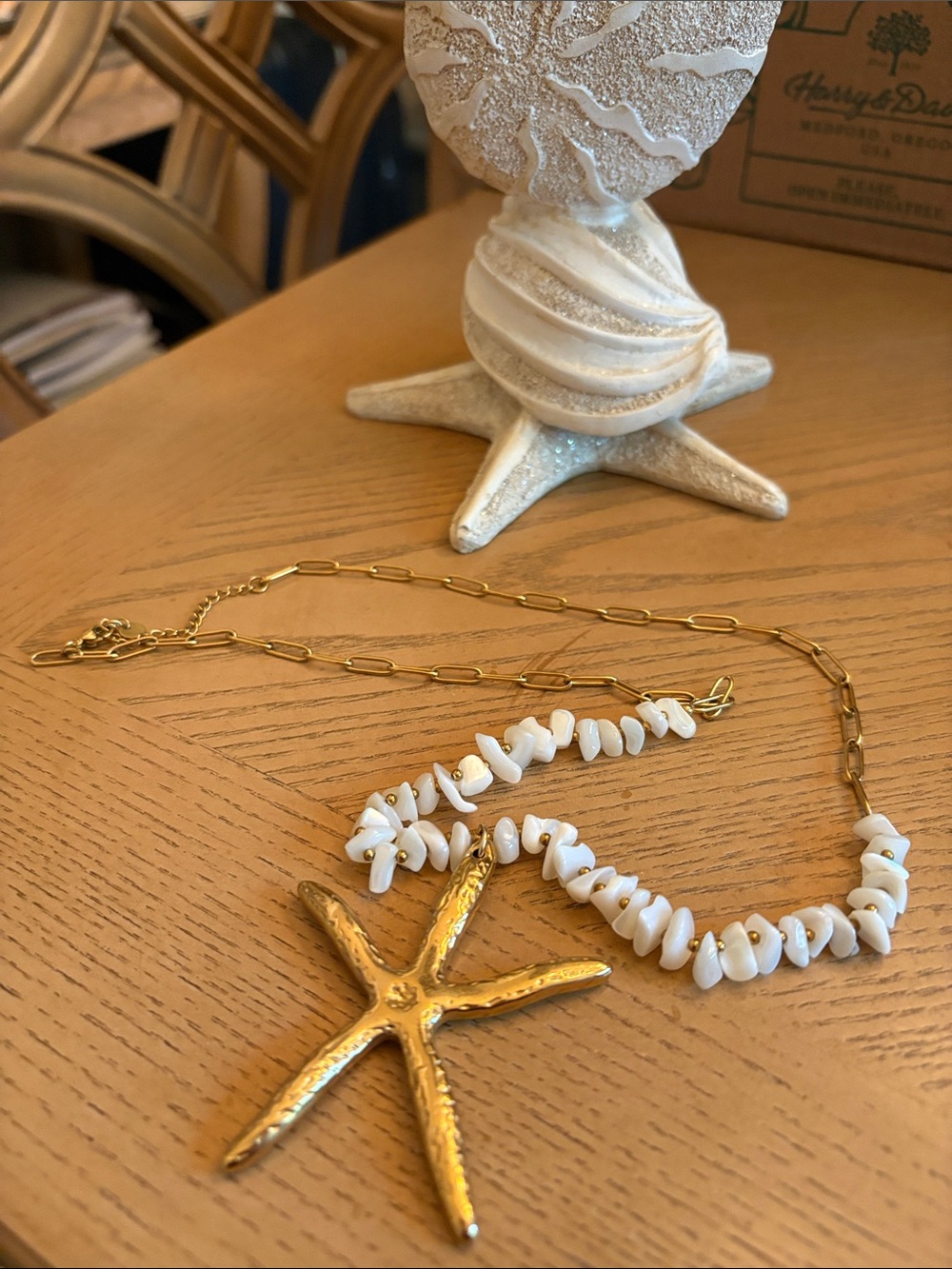 Chico's Gold Starfish Pendant Necklace with White Bead Chips